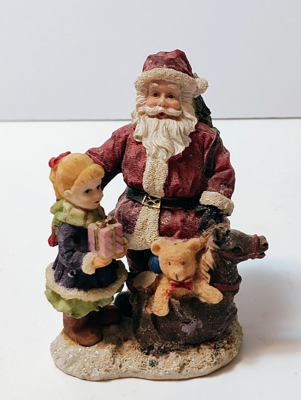Santa with Child & Teddy Bear Holiday Figurine in Red and Green Vintage 4.25"